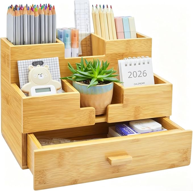 Bamboo Desk Organizer - Countertop Drawers Organizer Tabletop Storage Organization Makeup & Pen Storage with Drawer & Pencil Holder for Office Organization