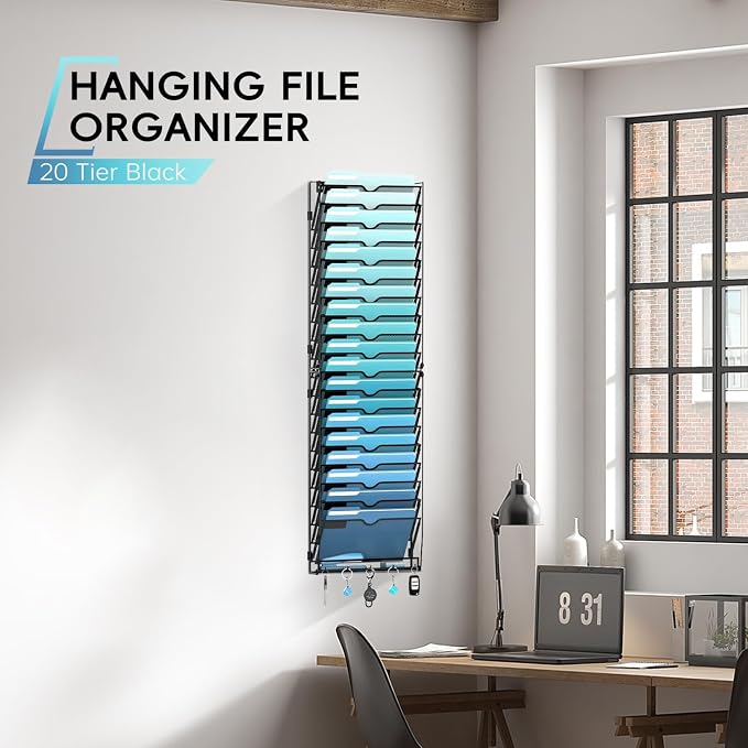 20-Tier Wall File Organizer and Mail Organizer with 5 Hooks, Black | Label slots, curved openings, 5 key hooks, and a bottom tray support organized mail, file, and everyday item storage.