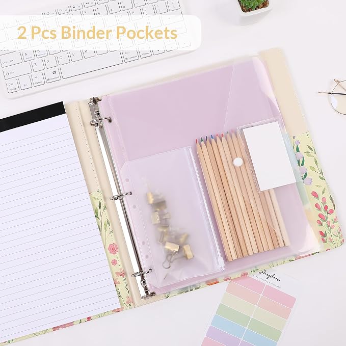 SKYDUE 1 Inch 3-Ring Binder with Clipboard, PU Aesthetic Binder with 5 Dividers, Notepad, Stickers & Pockets for Work and School (Letter Size)