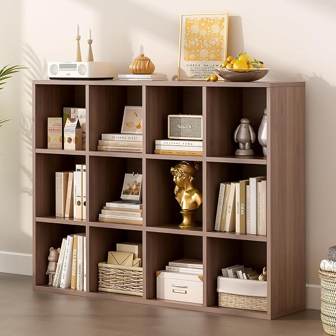 12-Cube Storage Shelf Bookcase, Walnut | Wooden 3-Tier Open Bookshelf, Fits 11×11" Bins, Vertical or Horizontal Use, Full Back Panels, For Home Office