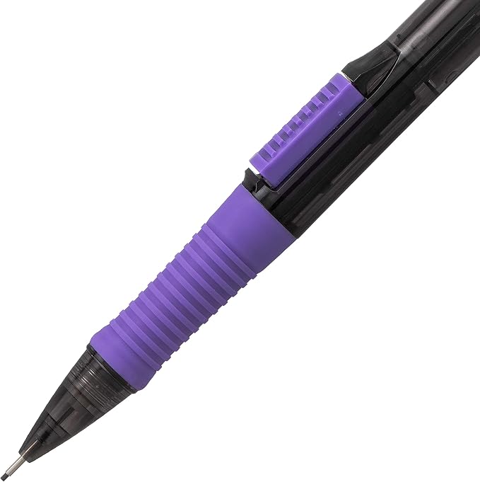 Pentel Quick Click Pop Mechanical Pencil, (0.7mm) Medium 2B Lead, Black Barrel W/Violet Trim Box of 12 (PD217AV)