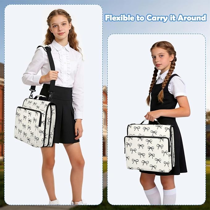 Black Bow Pattern Zipper Binder 3 Ring with Handle and Shoulder Strap, 500 Sheet Binder Organizer Capacity & Multi-Pockets for School Office