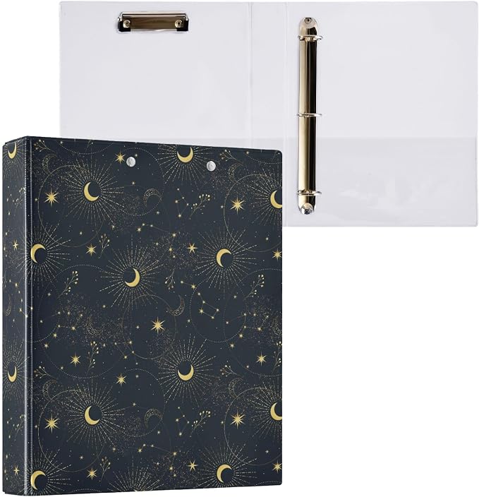 Black and Gold Moon Stars Celestial Binder 1.5 Inch Binder with Clipboard&Pockets, Galaxy Hardcover Binders 3 Ring, Heavy Duty Large File Folder for Office School Supplies - Holds 200 Sheets