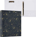 Black and Gold Moon Stars Celestial Binder 1.5 Inch Binder with Clipboard&Pockets, Galaxy Hardcover Binders 3 Ring, Heavy Duty Large File Folder for Office School Supplies - Holds 200 Sheets