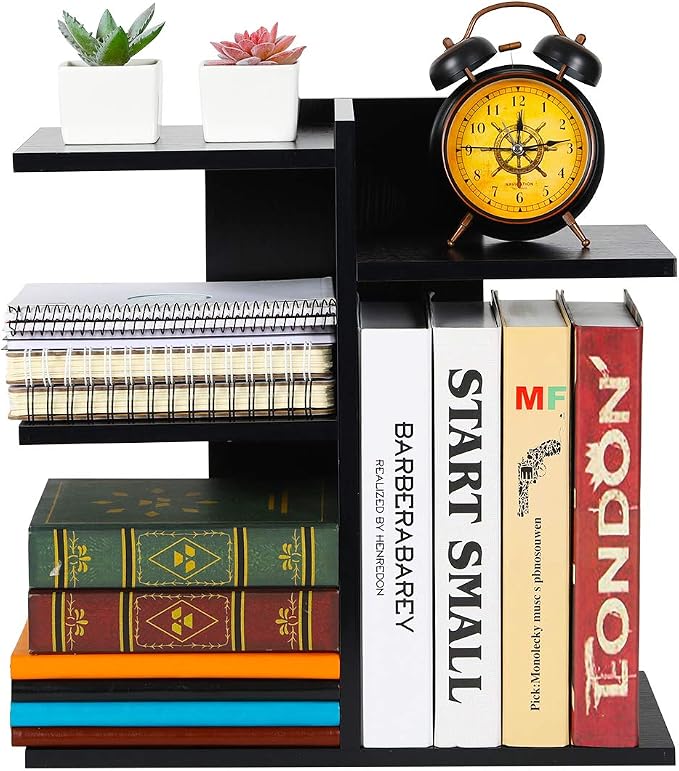 Wood Desktop Shelf Small Bookshelf Desk Supplies Organizers and Accessories Storage Display Rack Office Decor for Women, Black