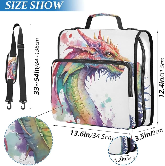 Watercolor Dragon 3 Ring Binder Bag 1.5 inch Binder Organizer with Zipper Shoulder Strap 500 Sheet Documents Storage School Office