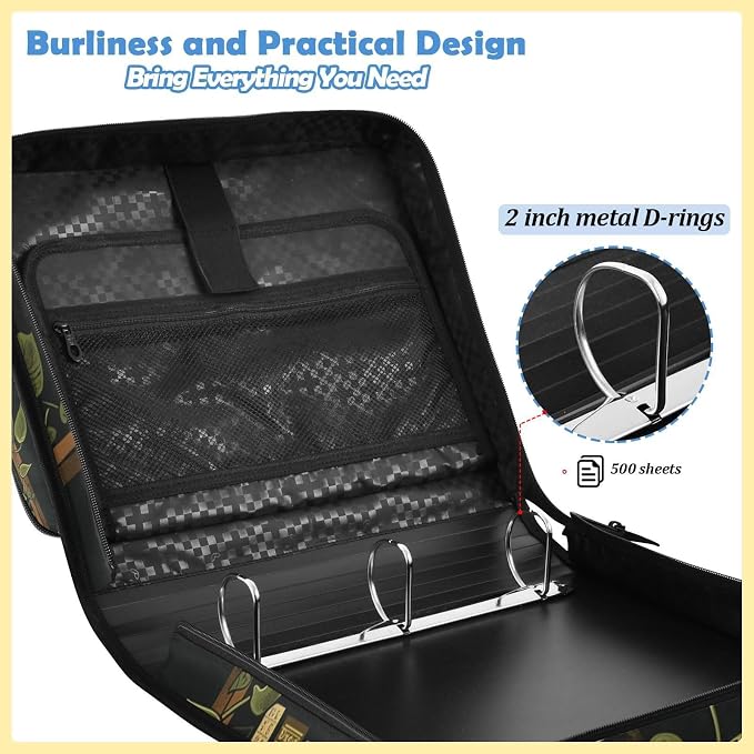 Bookshelf Print Zipper Binder File Organizer Bag 3 D-Ring | with Shoulder Strap, Holds 500 Sheets & 14in Laptop, 3 Ring Binder for Office Supplies