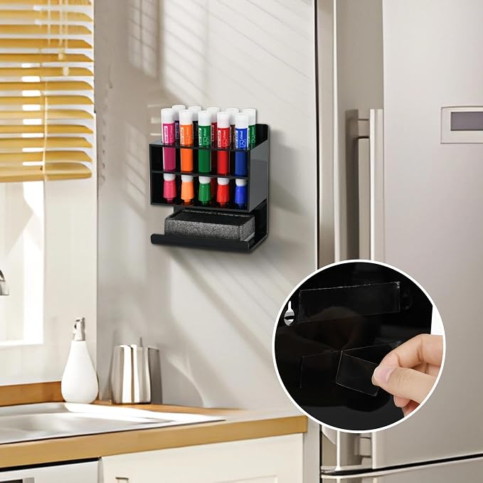 Dry Erase Marker Holder, Wall Mounted Acrylic Marker Holder with 10 Slots, Sticky Pen Storage for Classroom Organization, Office, Whiteboard, Desk Locker Organizer Accessories, Black
