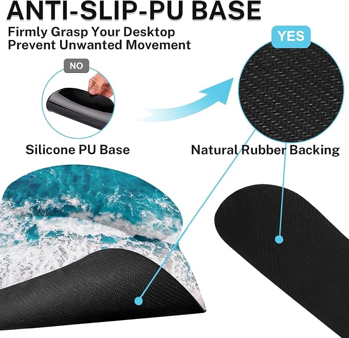 Keyboard Mouse Pad Set, 4 in 1 Desk Mat Set, Pink Sand | Beach Blue Sea Large Mousepad+Keyboard Wrist Rest+Mouse Wrist Rest+Coaster Ergonomic Design for Home Office Computer