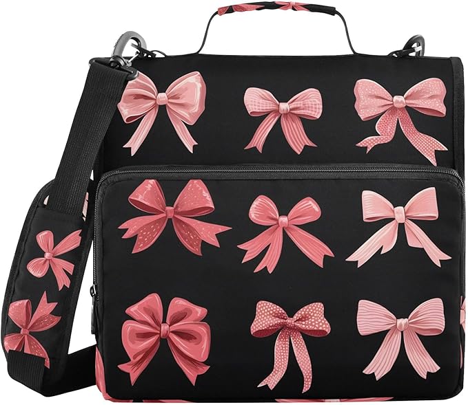 3 Ring Zipper Binder with Shoulder Strap Pink Red Bow Black 1.5 inch Binders Keeper Large Capacity Multi Pockets for School Office Supplies