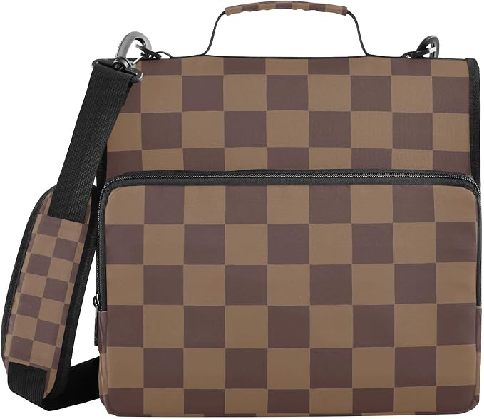 3 Ring Zipper Binder with Shoulder Strap Brown Checkerboard B 1.5 inch Binders Keeper Large Capacity Multi Pockets for School Office Supplies