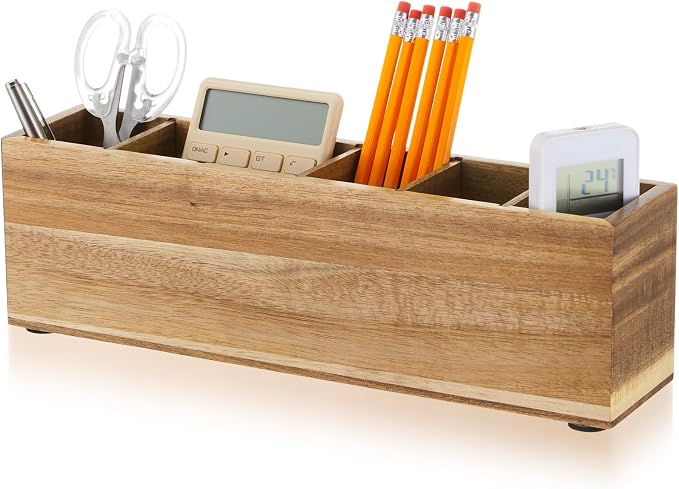 Jetec Wooden Pencil Pen Holder for Desk 6 Compartments Wood Office Desk Organizers for Countertop Adjustable Makeup Brush Organizer Silverware Caddy for Party, Home, Art Supplies (Acacia Wood)