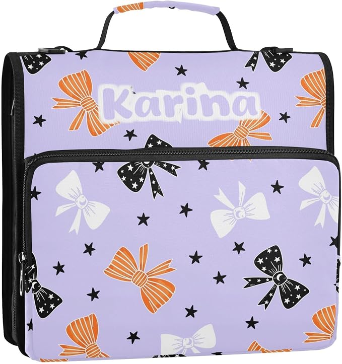 Custom Bow Star Black Print 3 Ring Zipper Binder with Shoulder Strap & Handle 1.5 Inch D-Ring Zippered Bag with Multiple Pocket, Personalized Binder Organizer for School or Office