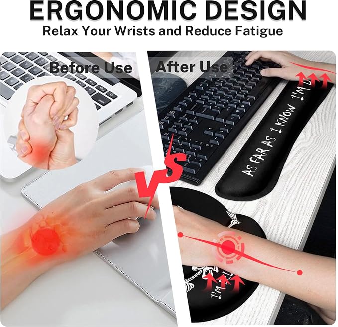 Keyboard Mouse Pad Set, 4 in 1 Desk Mat Set, Skull Skeleton Black | Large Mousepad+Keyboard Wrist Rest+Mouse Wrist Rest+Coaster Ergonomic Design for Home Office Computer