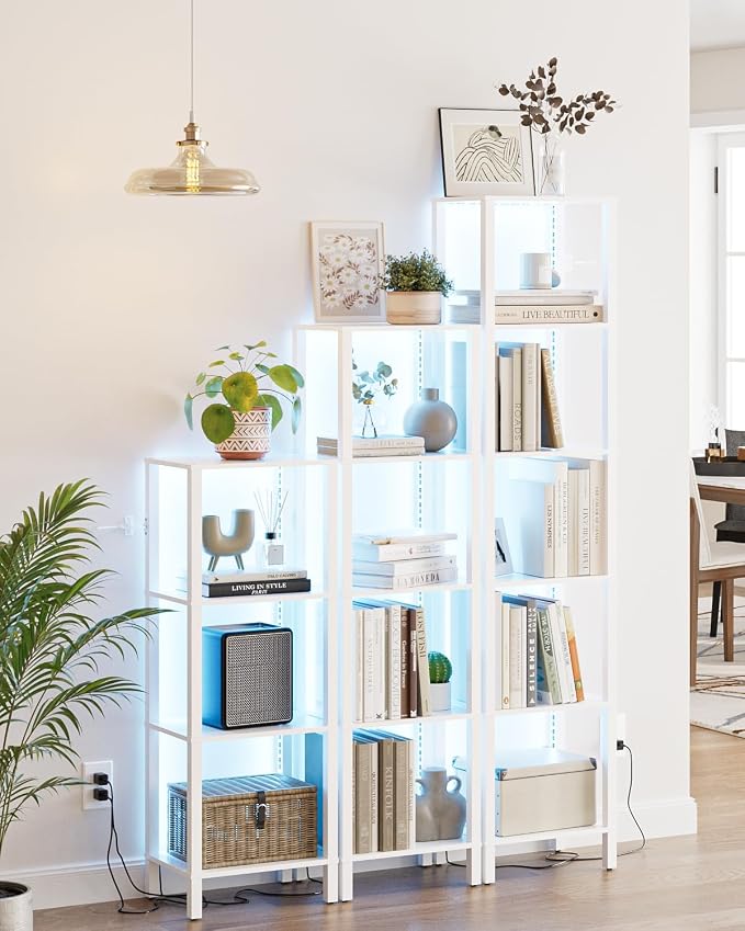 Open Book Shelf with LED Lights, 6 Tier Tall Bookshelf, Narrow Bookcase with Open Shelves, 14.57" x 10.63" x 65.83", Book Shelves for Living Room, Office, Study, White