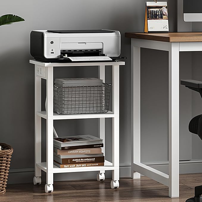 TUTOTAK Printer Stand, 3 Tier Rolling Printer Cart with Charging Station | Small Under Desk Printer Table with Wheels for Small Space, Office, Home, White PS02BW001