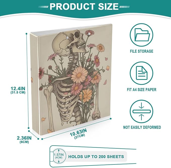 3 Ring Binder, Skeleton Skull Flowers File Folder Holds 200 Sheets File Storage for Women Men School Office Supplie
