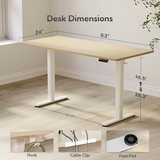 Claiks Electric Height Adjustable Standing Desk, 63x24 Inch, Nature | Smooth Height Adjustment, 3 Memory Presets, Cable Management Hub&Hook, Stable Steel Frame, 176lbs Capacity, Easy Assembly