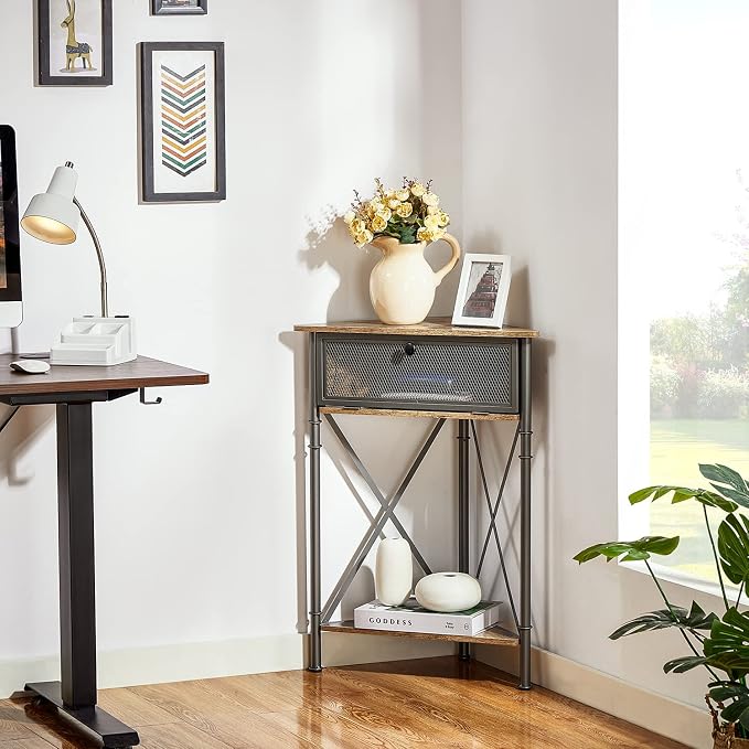 VECELO Cabinet/Table, 3-Tier Display Shelves with Protection Door, Metal Frame Storage Shelf Organizer for Small Space, Living Room, Kitchen, Bathroom, Set of 2, Grey+Black