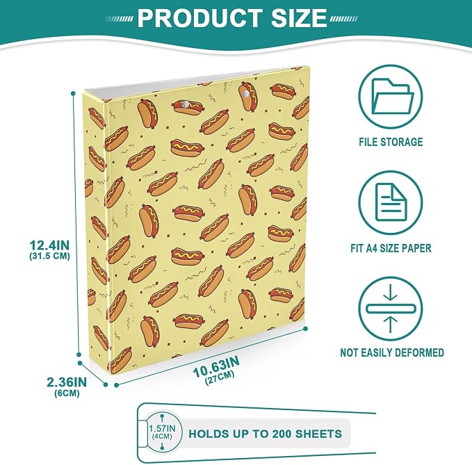 Pizza Hot Round Ring Binders 1.5 Inch Donuts Snack Cute Doodle Pattern 3 Ring Clipboard Binder for Office School Work Supplies File Folder Document 200 Sheet Capacity Easy Open
