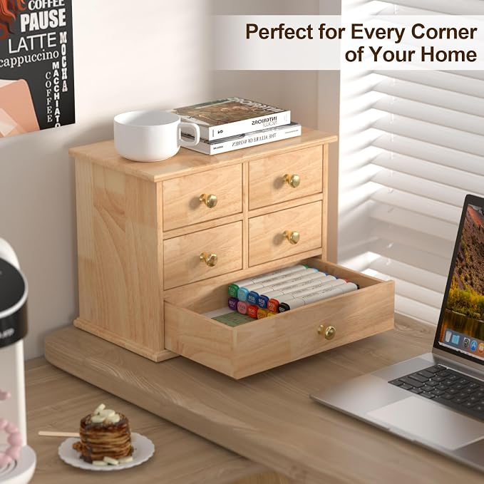 Oak Desk Organizer with Drawers, Durable Wooden Desktop Storage Box | 5 Drawer Tabletop Organizer with Metal Handles & Non-Slip Pads for Office, Bedroom, Bathroom, Vanity, Makeup Storage, Natural