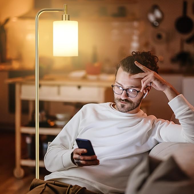 Ziisee Floor Lamps for Living Room - Industrial Standing Lamp with Remote Control Glass Shade, Modern Gold Floor Lamp with LED Bulbs, Tall Lamp for Bedroom Office - Gold