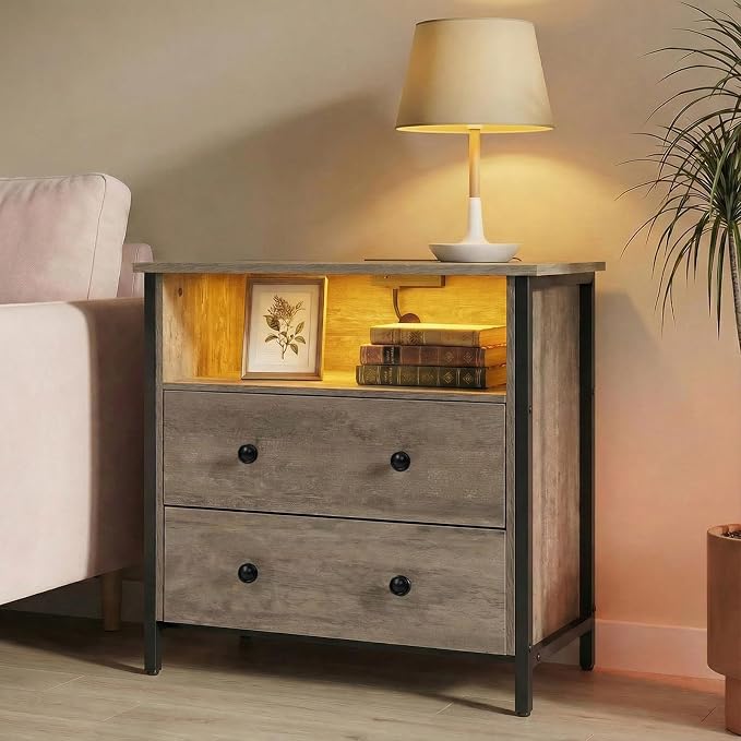 27" LED Nightstand Set 2 with Charging Station, 2 Drawers, Gray | RGB App Control, 2 AC Outlets & 2 USB Ports, Open Storage, Adjustable Feet, Wood Tall Nightstand for Bedroom or Office