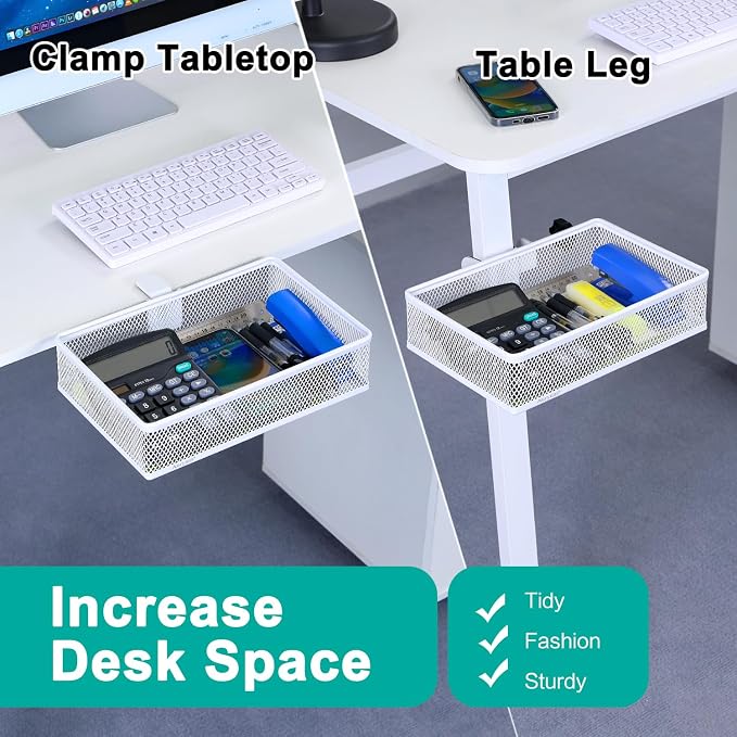 Under Desk Drawer, Clamp on Desk Organizer Under Table Hanging Desk Storage | 2 ways to clamp on: desk side or leg. Under desk organizer, clamp on desk drawer, basket hanging under table shelf, no-drill