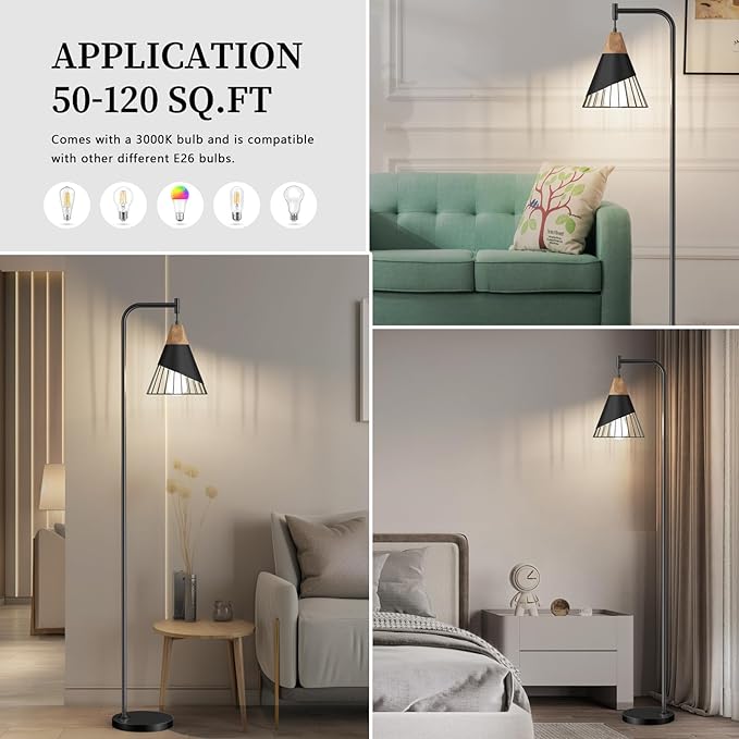 67" Industrial Floor Lamp with Wood & Black Metal Shade, Modern Standing Lamp, Rustic Farmhouse Tall Lamp for Living Room Bedroom Office, 2700K Bulb & Foot Switch Included (Black + Remote Control)