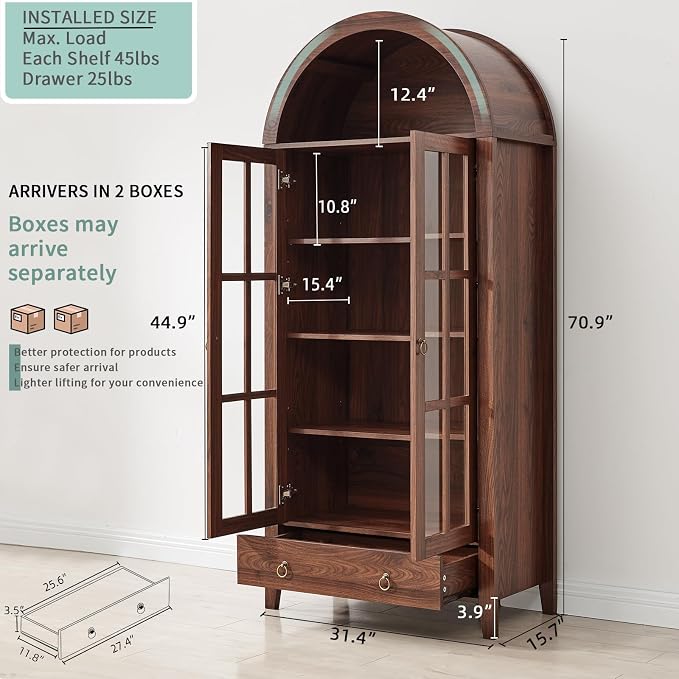 RowyPoey 71" Tall Arched Cabinet Bookshelf with Glass Door & Storage Drawer | Modern Farmhouse Display Cabinet,Adjustable Shelves,Wood Kitchen Pantry for Dining Room,Living Room,Office,Walnut