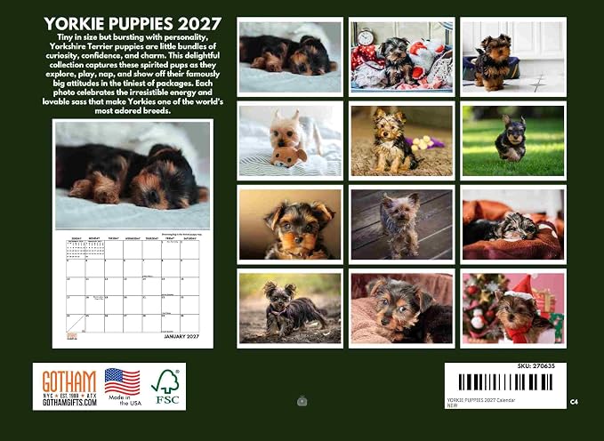 Yorkie Puppy Calendar 2027 Yorkshire Terrier Monthly Wall Calender 12 Month