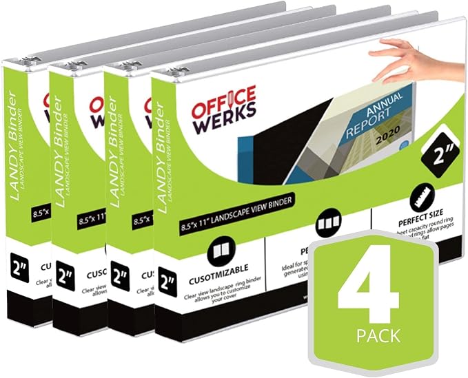4 Pack of 8.5" X 11" Landscape View 3-Ring Binder 2 Inch Capacity Round Ring, White Horizontal Formatted with Clear Cover Pockets for Documents, Spreadsheets, Projects and More