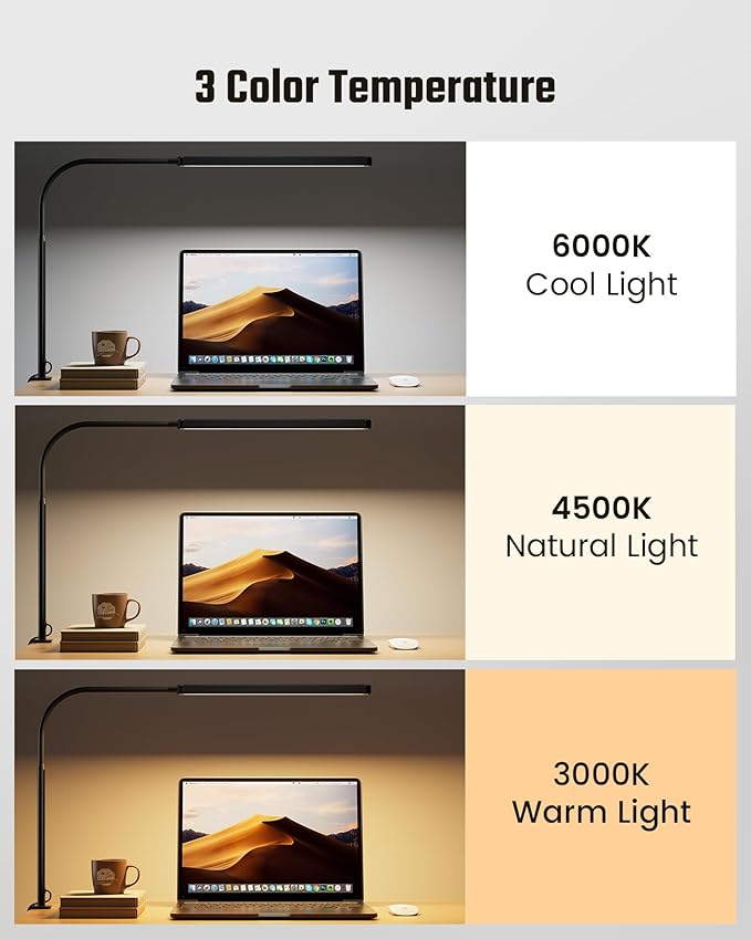 SUPERDANNY Eye-Caring LED Desk Lamp Work Lamp Office Lamp with Side Clamp | Black, Touch Control, 360° Flexible Gooseneck, 3 Modes Smooth Dimming, Memory Function, Adapter, Metal, for Home Office Dorm