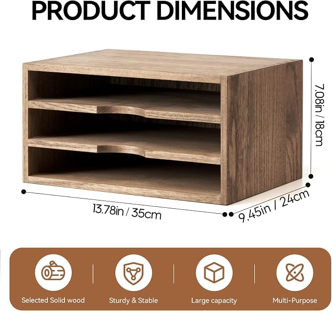 KIRIGEN Wooden Desk Organizer 3-Tier Letter Tray and Paper Sorter, Brown | Solid Wood Paper Tray Document Holder Organizer for Letters, Files, Folders, Mail, Magazines and Office Supplies