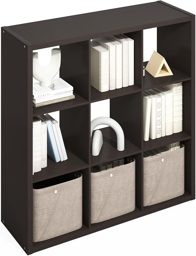 Furinno Simple 9-Cube Storage Organizer, Extra Thick Frame, Black Oak | Open Back, Display Shelf, Shelving Unit, Storage Shelves, for Organization, Living Room, Home Office