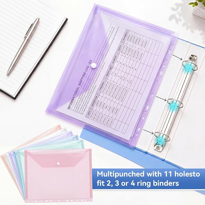 Handepo 200 Pack Binder Pockets Bulk, Plastic Binder Folders with Tight Closure Side Loading, Assorted Colors Transparent Folders Dividers with Pockets for Document Paper Home Office Supplies
