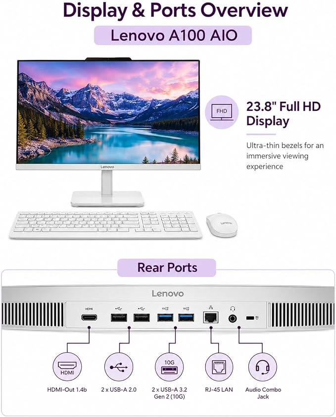 Lenovo 24" All-in-One Desktop Computer, Intel N100 Processor, 32GB RAM, 512GB SSD, FHD Display, Space-Saving Design for Home, Office &Business, Wi-Fi 6, HDMI Out, Windows 11, Wireless Keyboard & Mouse