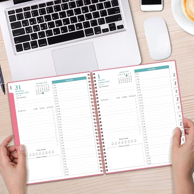 Daily Planner 2026 Full Page Per Day- 2026 Daily & Monthly Planner from January 2026 to December 2026, Day Planner 2026 with 12 Months Tabs, 8.5" x 11", Pink