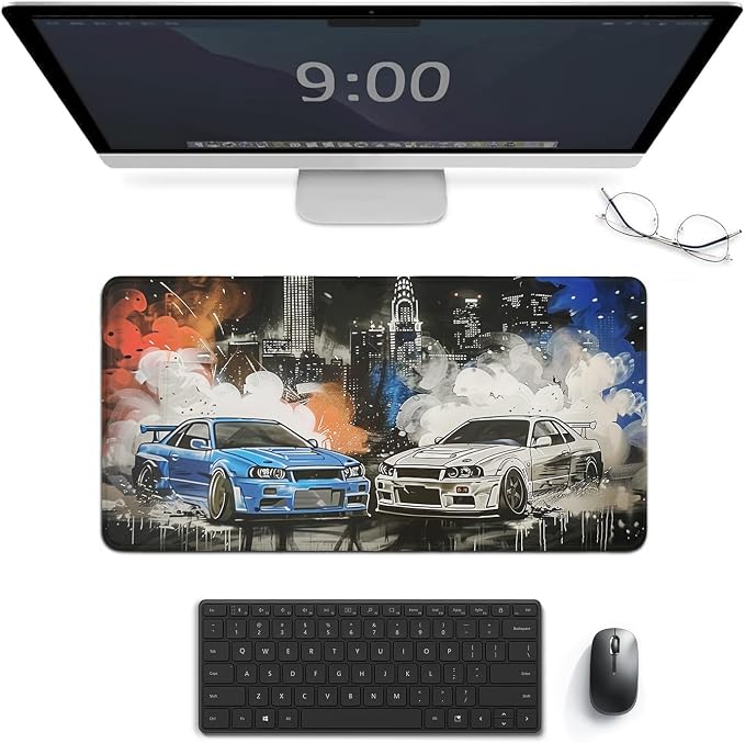 Car Large Mouse Pad Gaming R34 R32 Racing Car Anime Aesthetic Graffiti JDM Desk Mat for Keyboard and Mouse Mat Non-Slip Rubber Desk Pad 30x60cm, Style