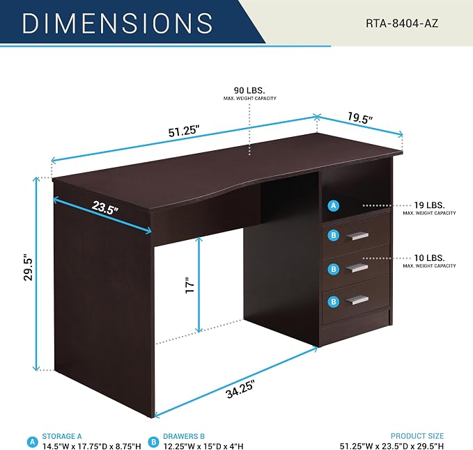 Techni Mobili 51 Inch Classic Computer Desk w/Drawers & Storage, Wenge | 51 Inch classic desk with 3 drawers, spacious storage, sturdy frame, and functional home office workstation for modern setups