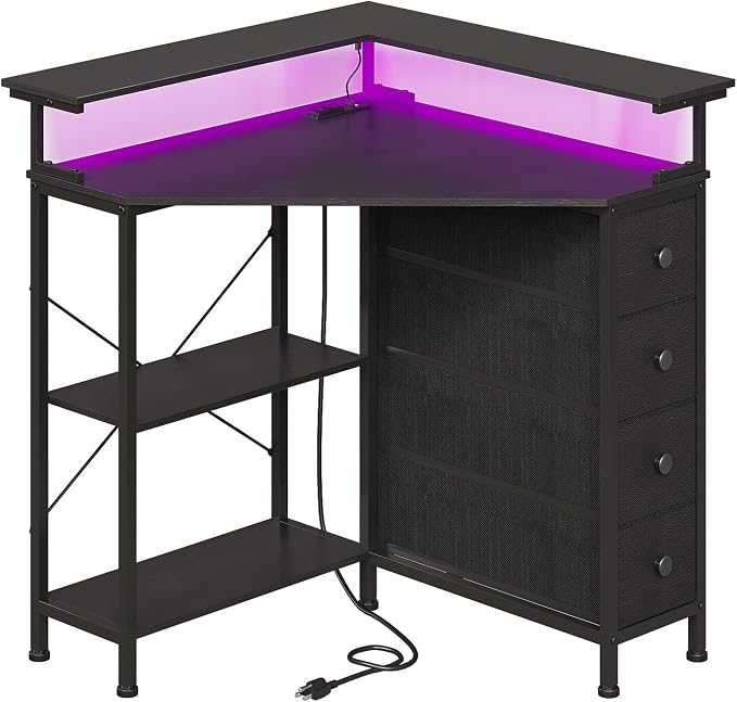 VENNQD Corner Desk with Drawers Shelves for Small Space 90 Degrees Triangle Computer Desk with Power Outlets,Gaming Desk with LED Lights Monitor Stand for Home Office Workstation Writing Table (Black)