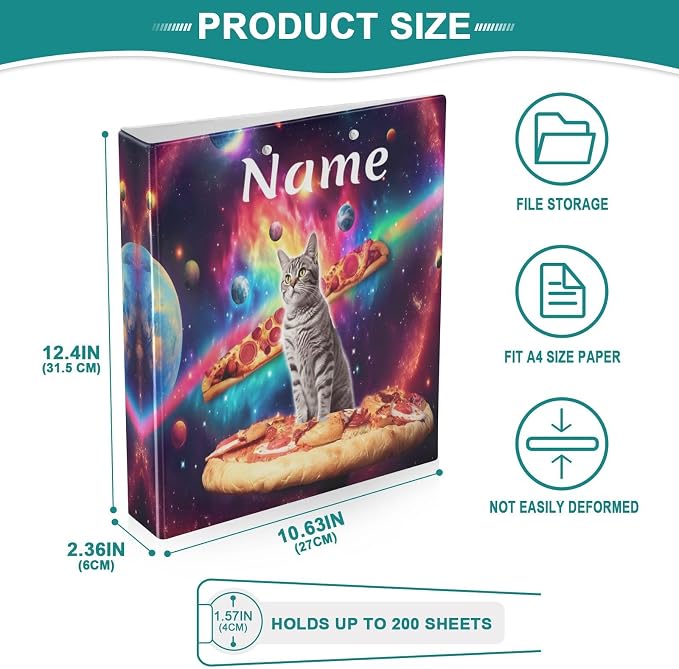 Custom 3 Ring Binder Cat Pizza Planets 1.5" Round Ring Binders Personalized Name View Binder with 200 Sheet for Women Men Office Kids School Supplies, 1 Pack