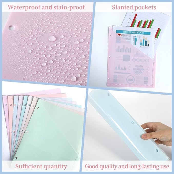 48 Pack Binder Pockets for 3 Ring Clear Pocket Divider Folders for 3 Hole Binders Sleeves Plastic Slash File Jacket for Office School Classroom Business Home Organizer, 9.25" x 11.22" (Pastel)