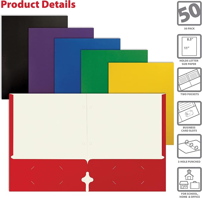Better Office Products 2 Pocket Paper Folders, Letter Size Paper Portfolios Case of 50, Assorted Primary Colors