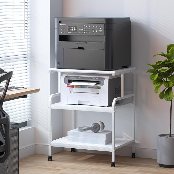 Arbuxzuy Large Printer Stand with Storage Shelf, 23.6" W x 18.9" D Printer Cart with Wheels, 3 Tier Mobile Printer Table for Home Office,Stands for Heat Press Scanner Fax (White)