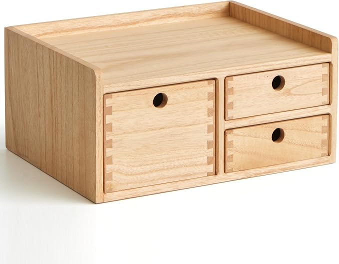 KIRIGEN Wooden Desk Organizer with 3 Drawers and Top Tray Natural DT1D3C-NA | 3-Drawer Cabinet with Top Tray Stores Office Supplies, Toiletries, Tools, Crafts, and Small Accessories on Desks or Counters