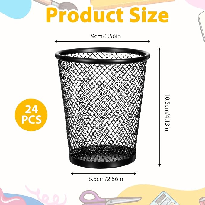 24 Pack Mesh Pencil Holder Wire Mesh Pen Cup, Black Pen Holder for Desk Metal Pens Organizer Pencil Cup Marker Holders Makeup Brush Holders for Home Office Supplies Accessories