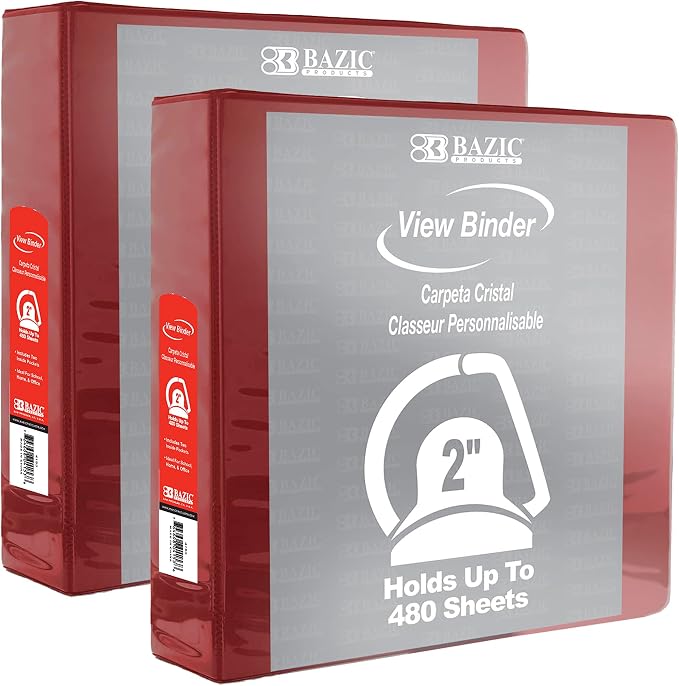 BAZIC Products 2" Burgundy 3-Ring View Binder, Slant-D Ring, 2-Pack | 2 inside pockets, 2 in Burgundy view 3-ring binder, slant-D rings, holds up to 480 sheets, Durable poly cover, 2 Pockets