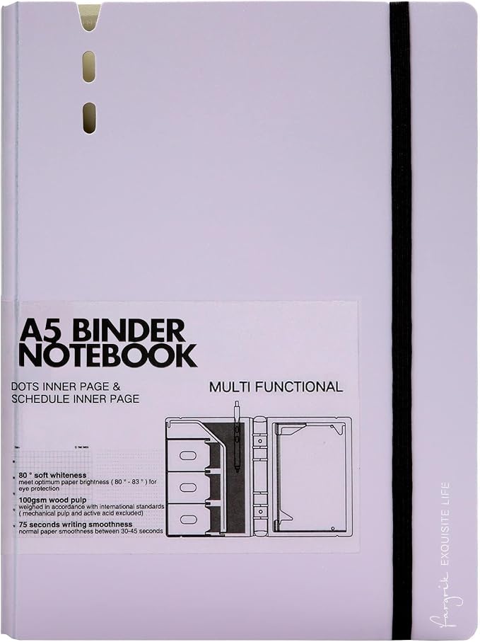 CAGIE A5 Binder 6 Ring Refillable Notebook with Dividers & Pockets | Daily Planning Square Ruled and Dotted Pages, Refill Paper Included, 6.89 x 9.25 In (Purple, A5 Daily & Dot Page)