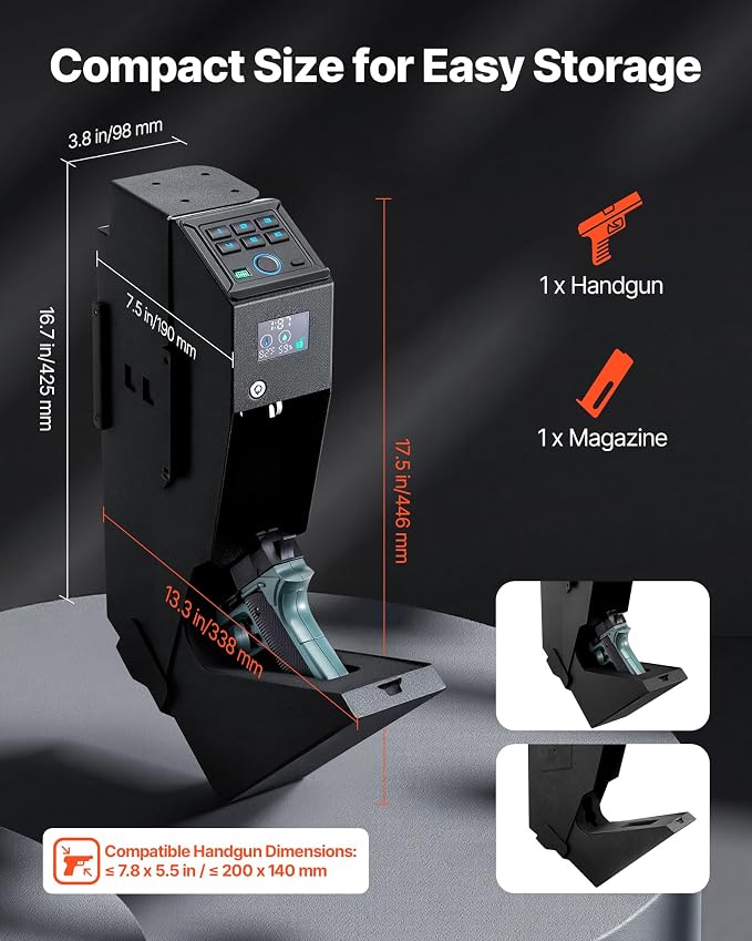 VEVOR Gun Safe, Slider Handgun Gun Safe with Screen, 3-Way Quick Access,Fingerprint/Password/Key, Firearm Case Box with LED for 1 Pistol & Magazine, Mounted Gun Box for Nightstand Bedside Desk Car